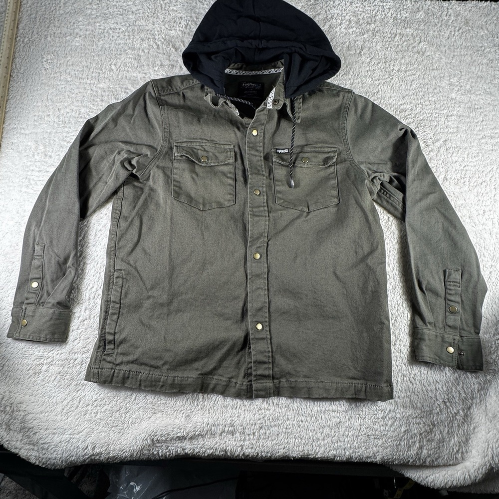 Tony Hawk Hooded Canvas Shirt Jacket Mens L Olive Snap Front Workwear Skate